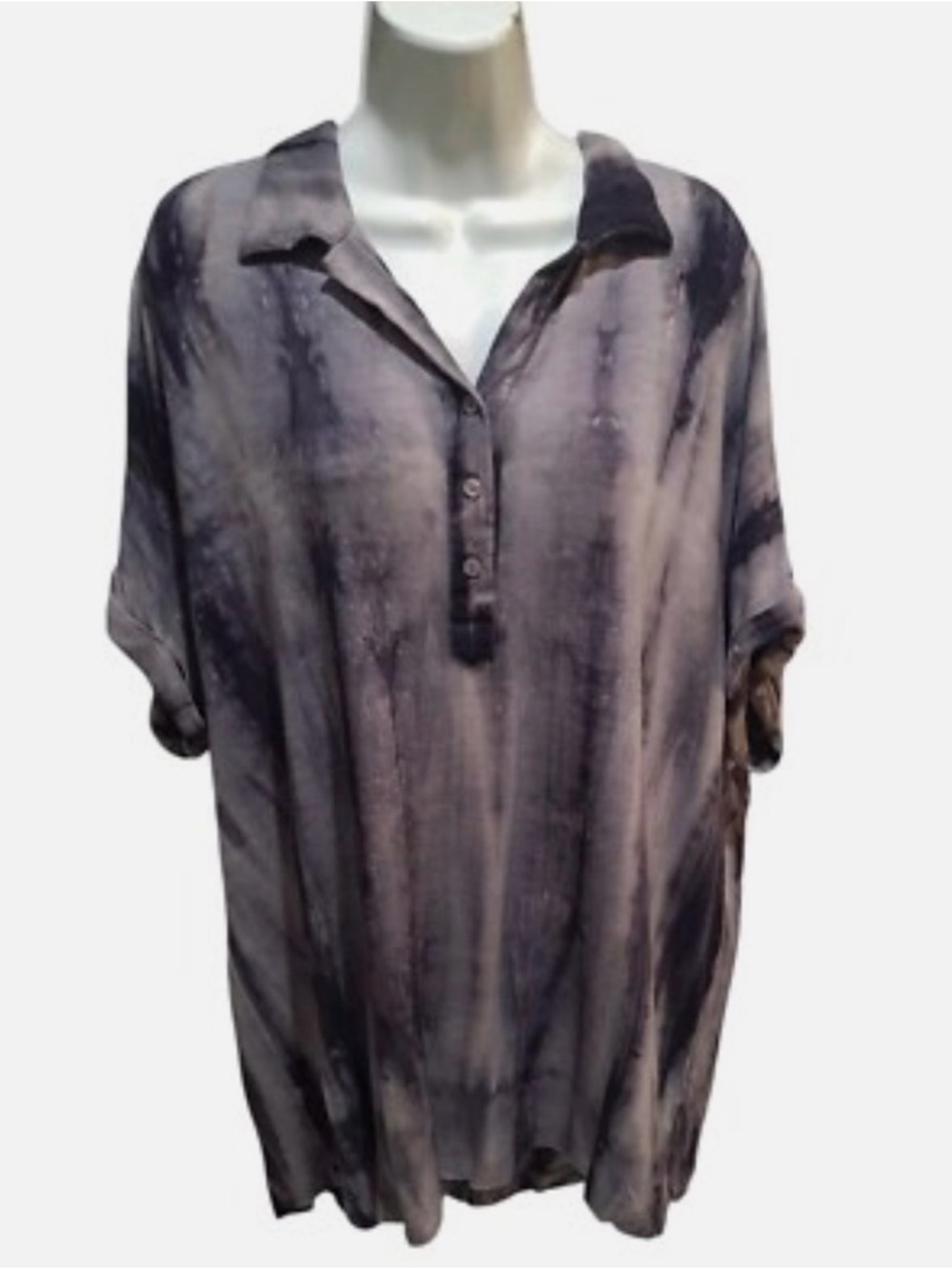 Rae Mode Tie-Dye Button Polo Tunic - Washed Gray